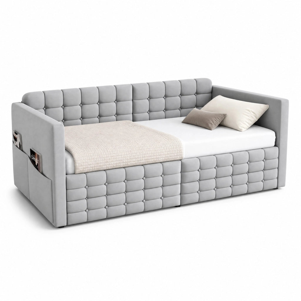 Letto imbottito singolo 90x190 cm in velluto grigio chiaro con 2 cassetti e tasche laterali