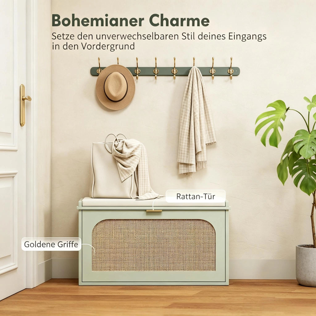 Scarpiera con vano contenitore e cuscino, 8 paia, tessuto effetto lino e MDF, verde e beige