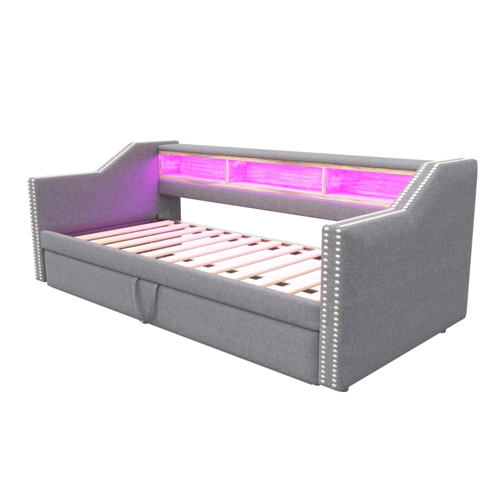 Divano letto 90x190 cm estraibile con vani portaoggetti; LED e USB in lino grigio chiaro