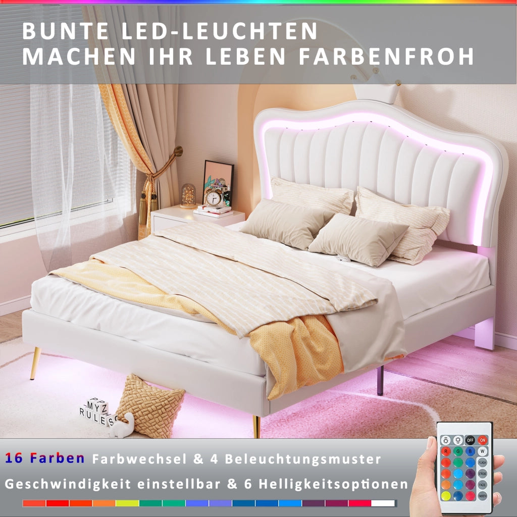 LETTO imbottito bambini 140x200 cm bianco con LED