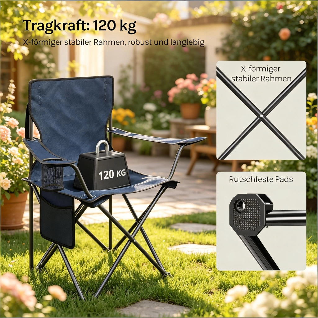 Set di 2 sedie pieghevoli da campeggio con portabicchieri e tasca laterale in tessuto oxford blu navy