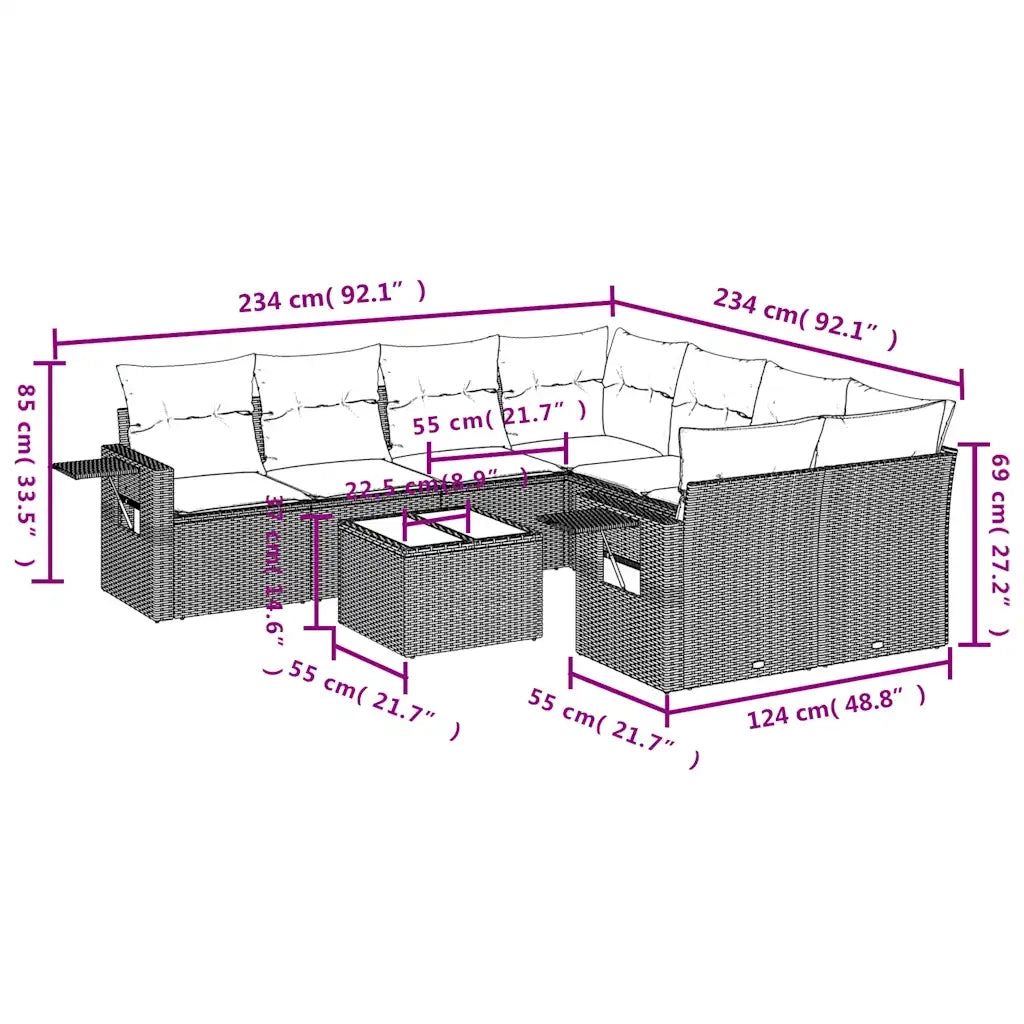 Set Divani da Giardino 9 pz con Cuscini Grigio in Polyrattan 3219960