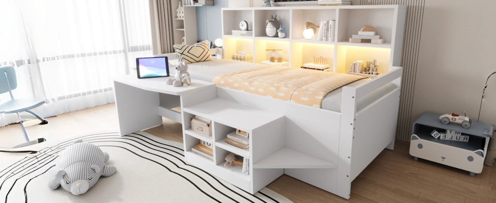 DESMIU Lit mezzanine 90 × 200 cm 1 posto con scrivania, vani contenitore, LED, USB e presa, senza materasso, bianco