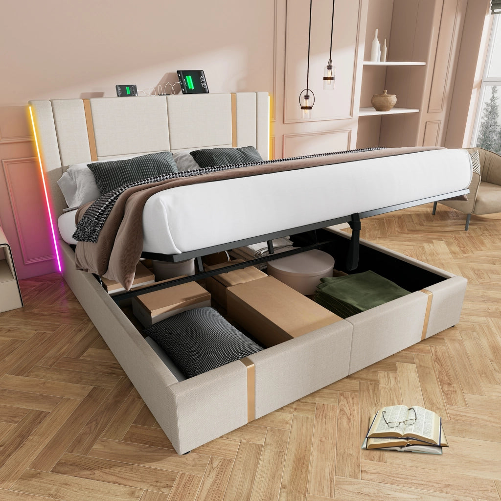 LETTO Contenitore 180x200 cm Beige in lino con USB e LED