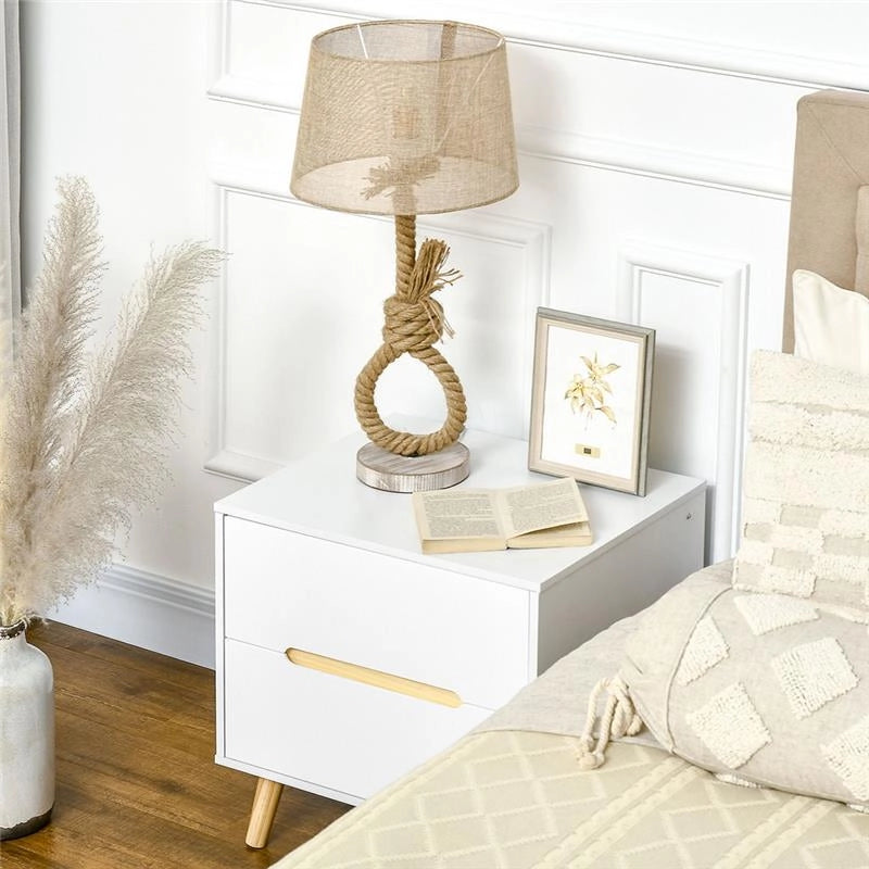 COMODINO MODERNO CON 2 CASSETTI E GAMBE IN LEGNO DI PINO 50X40X50.5 CM BIANCO