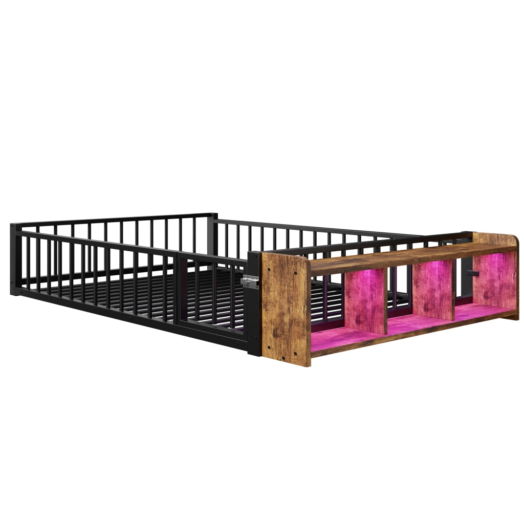 DESMIU Letto con barriera 2 posti, vano a giorno e LED, 140 × 200 cm, senza materasso, metallo e MDF nero