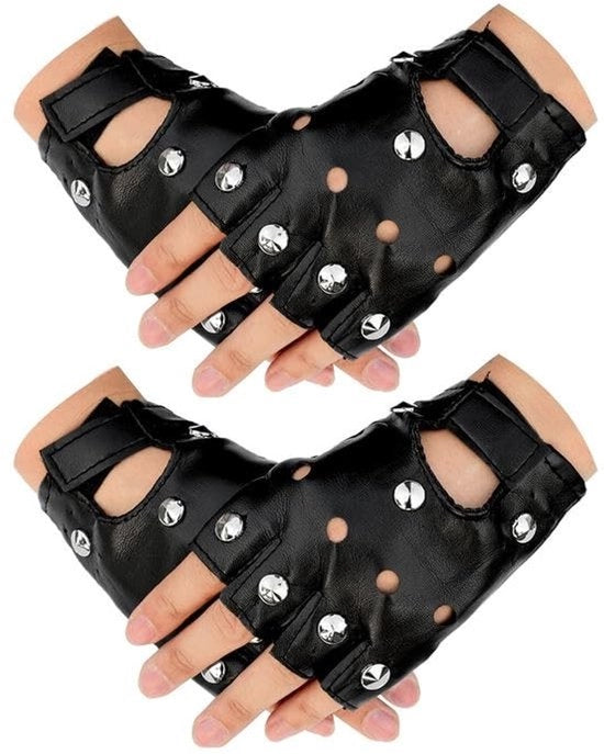 Manopole senza dita - 2 paia - PU in pelle - manopole a metà dita - stile punk - per donne - adatte per Halloween