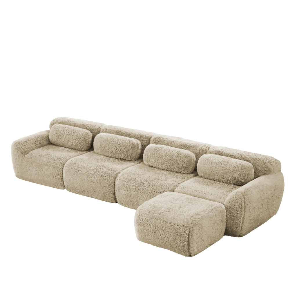 Divano angolare modulare 4 Posti con chaise longue, senza montaggio, seduta ampia, in Peluche, Cachi Chiaro