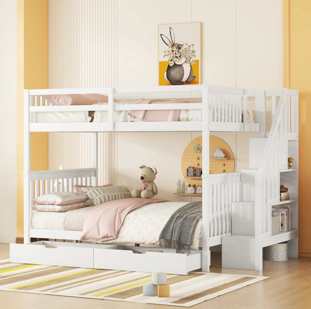Letto a castello 140x200 cm con scala contenitore; 2 cassetti; in pino e MDF; bianco