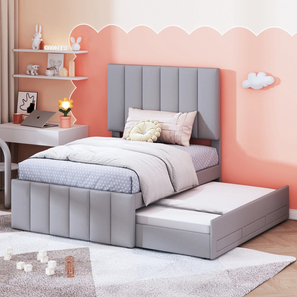 LETTO Imbottito 204 x 90 x 118 cm Grigio con letto estraibile e 3 cassetti