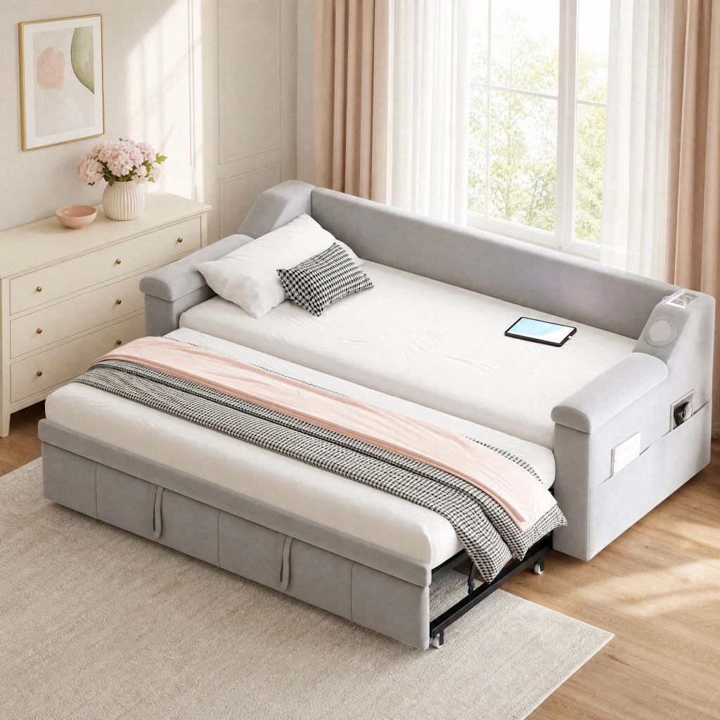 LETTO SOFA 90/190 cm Grigio in velluto con armlehnen Bluetooth, USB e ripiani