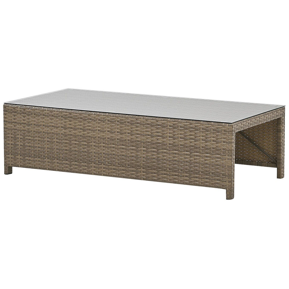 Divano da esterno Set divano a 3 posti in rattan sintetico marrone con tavolo e 2 cuscini bianchi ottomani