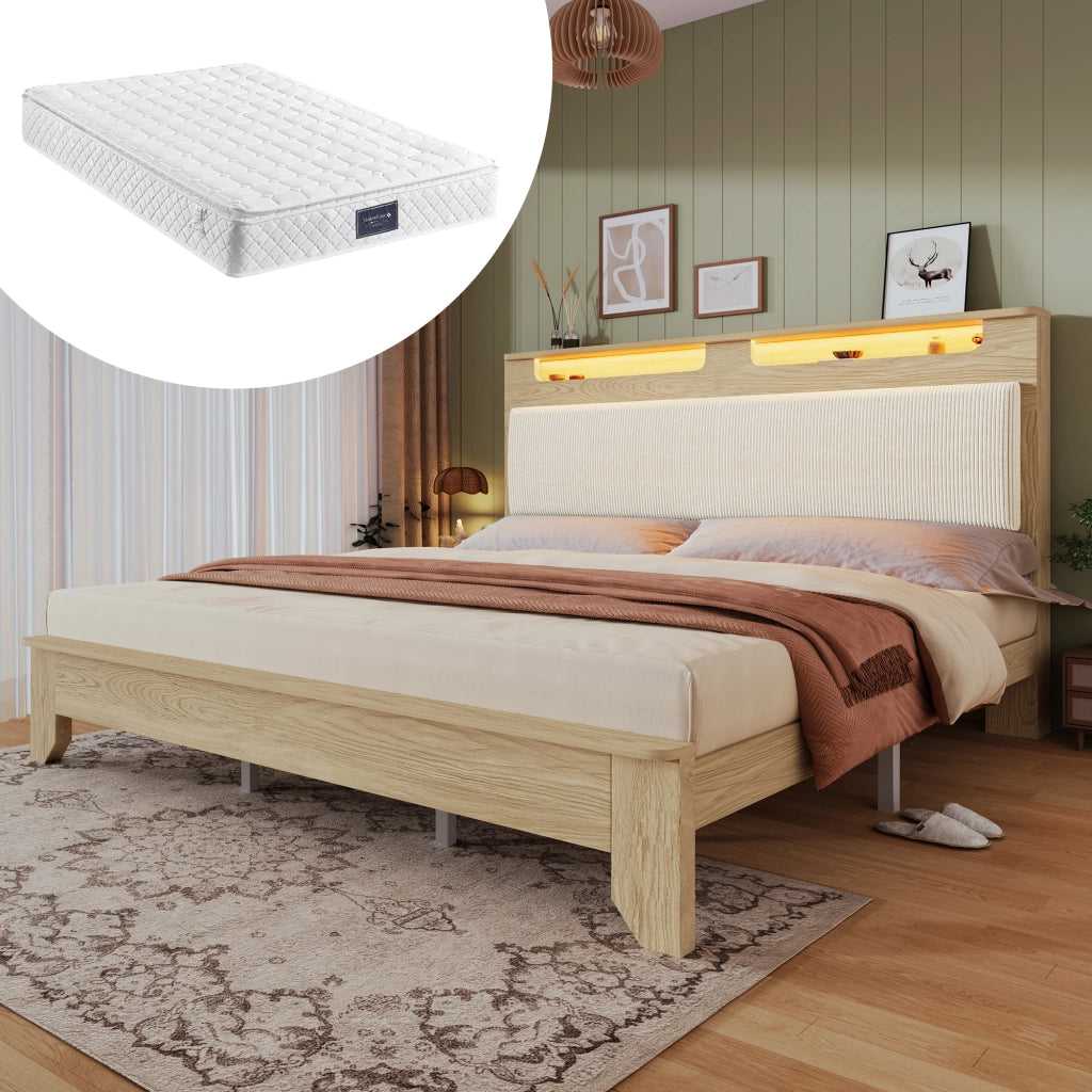 Letto matrimoniale in legno - Zephmum- 160¡Á200cm- Quercia chiara- Testiera con LED e ripostiglio
