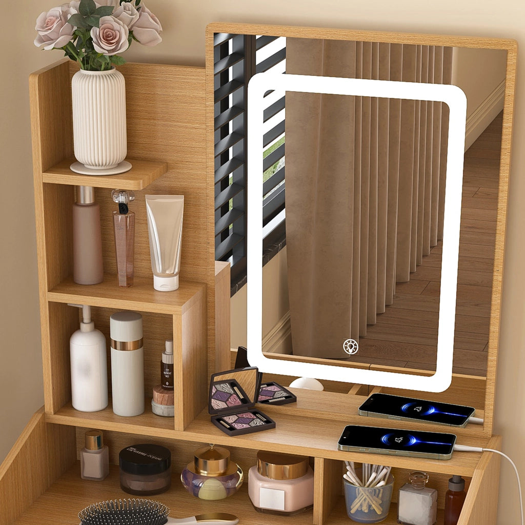 Toeletta compatta con specchio LED regolabile, presa integrata, supporto phon, cassetti e sgabello imbottito, effetto legno naturale