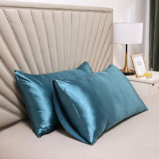 Cuscino a doppia imbottitura in seta - piuma soffice e liscia - chiusura a sacco - protetta da parassiti e allergie - protegge capelli e pelle dalle rughe - 51x91cm - Blu medio