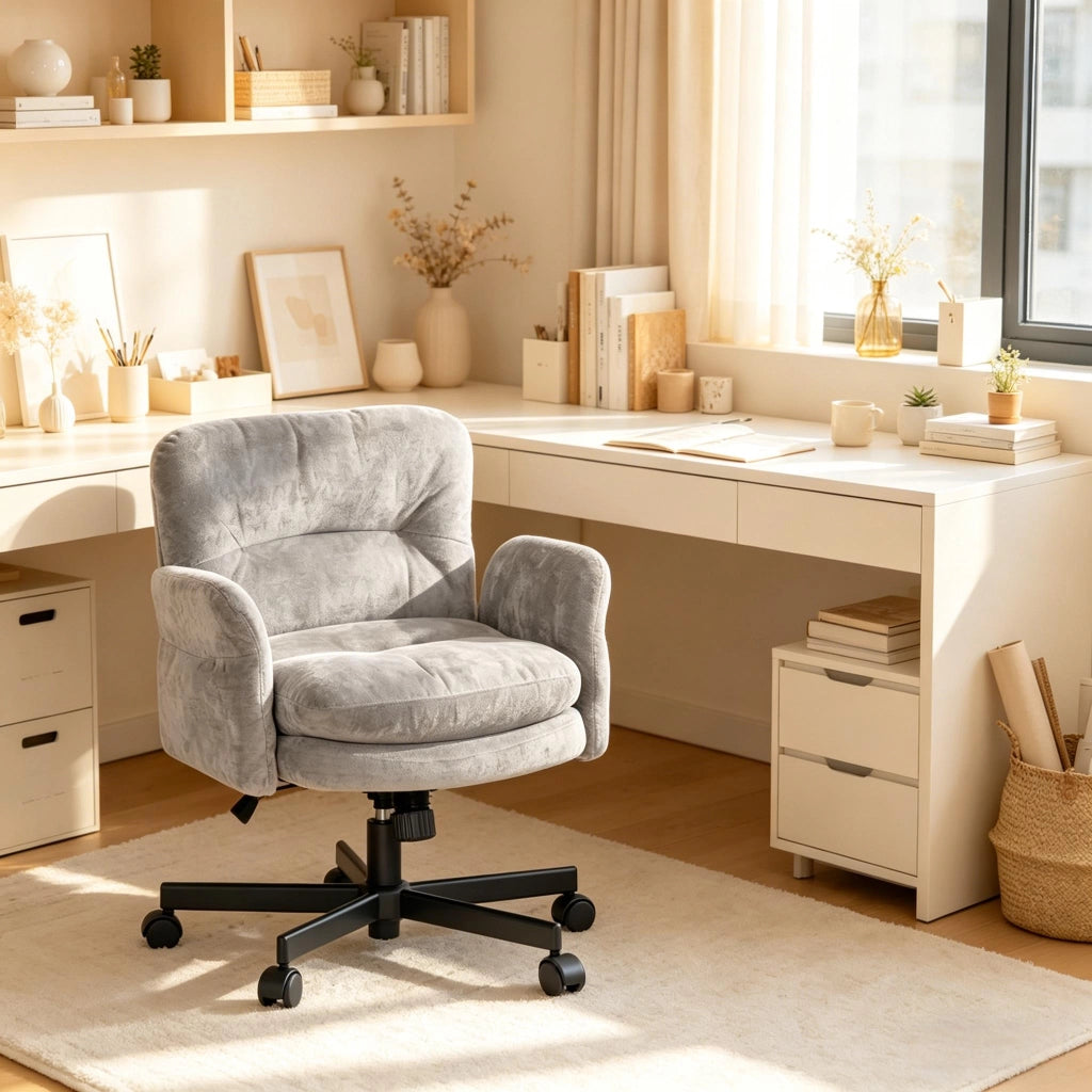 Sedia girevole a 360° in velluto con seduta imbottita, schienale ergonomico e base in metallo per soggiorno grigio