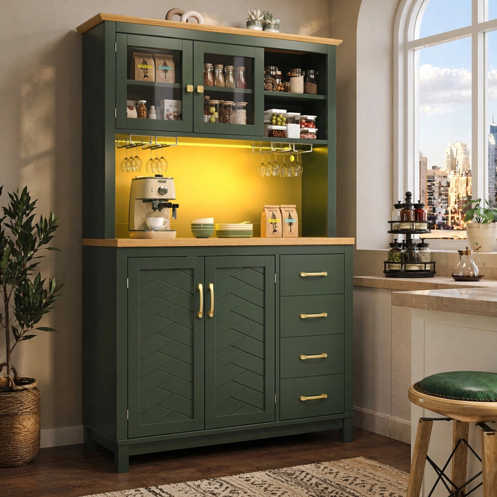 Credenza buffet in MDF verde con LED, 105,5 x 40 x 180 cm, 4 ante e ampio spazio contenitivo