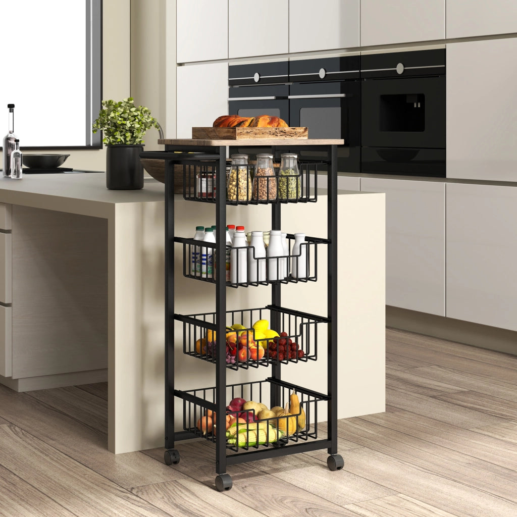 Carrello da Cucina con 4 Cestelli Scorrevoli ¨C Xylo ¨C Struttura in Acciaio 49,5x31x91 cm Rovere