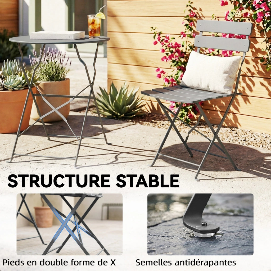 Set Bistrot Giardino 3 Pezzi Tavolo Pieghevole 2 Sedie Pieghevoli ¨C Xylo ¨C Metallo Grigio