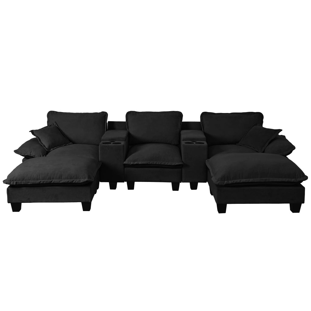 Divano Angolare Modulare U ¨C Xylo ¨C Nero, Chenille, con Ottomane, Portabicchieri e USB