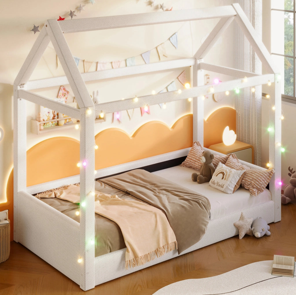 Letto a casetta imbottito con LED; 90x200 cm; beige