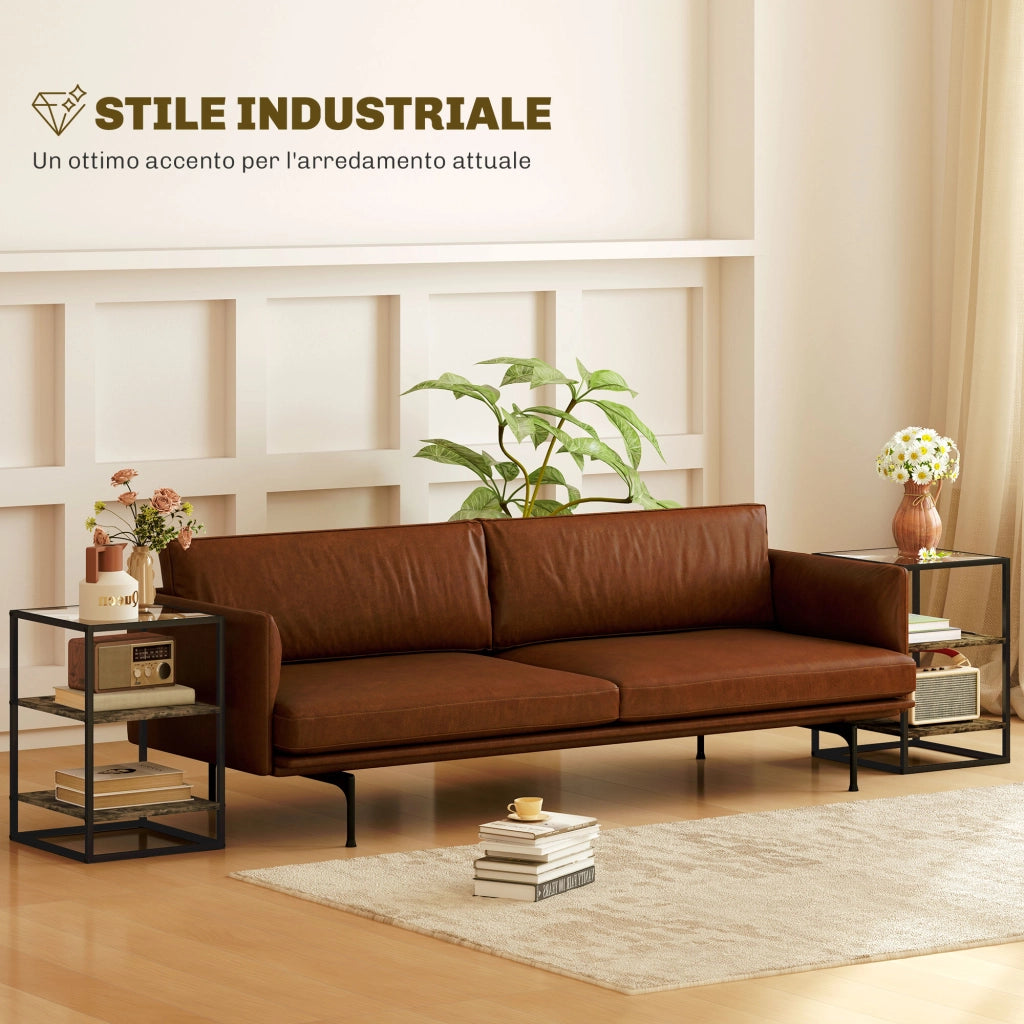Set 2 Tavolini da Soggiorno a 3 Livelli in Legno e Metallo con Piano in Vetro Temperato, 37x40x55.5 cm, Marrone