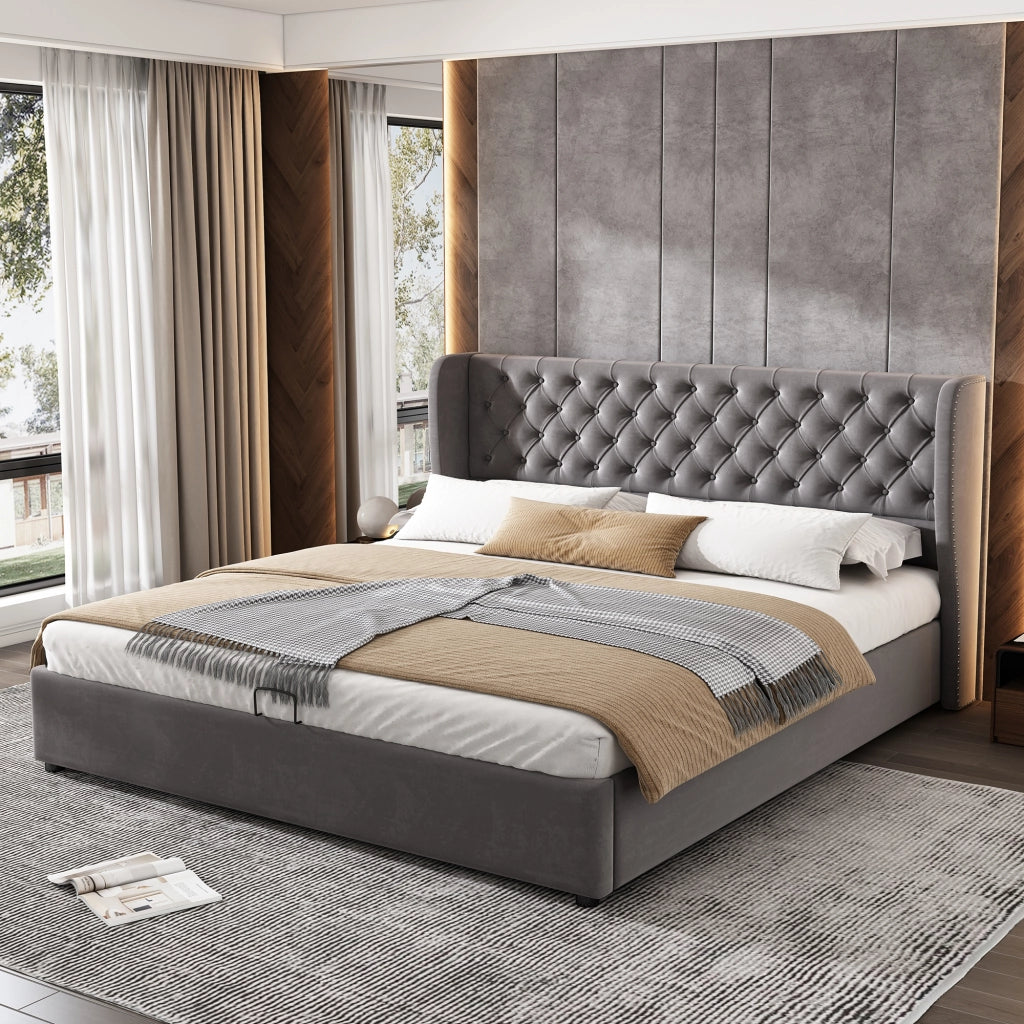 DESMIU Letto Contenitore Letto Matrimoniale con Vano Idraulico 180 × 200 cm, senza materasso, in Velluto, Grigio