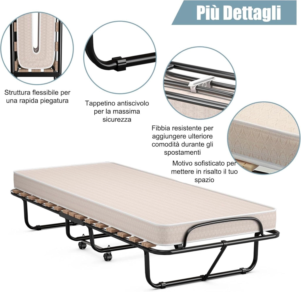 Brandina Pieghevole con Materasso, in Memory Foam, Struttura Resistente e 4 Ruote Girevoli, Lettino Pieghevole per Casa Ufficio, 190x80x33 cm (Beige)