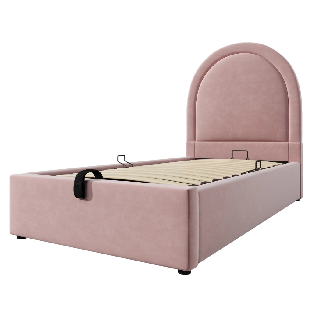 Letto singolo contenitore 90×200 cm con testiera; rete sollevabile; materasso incluso; velluto; rosa