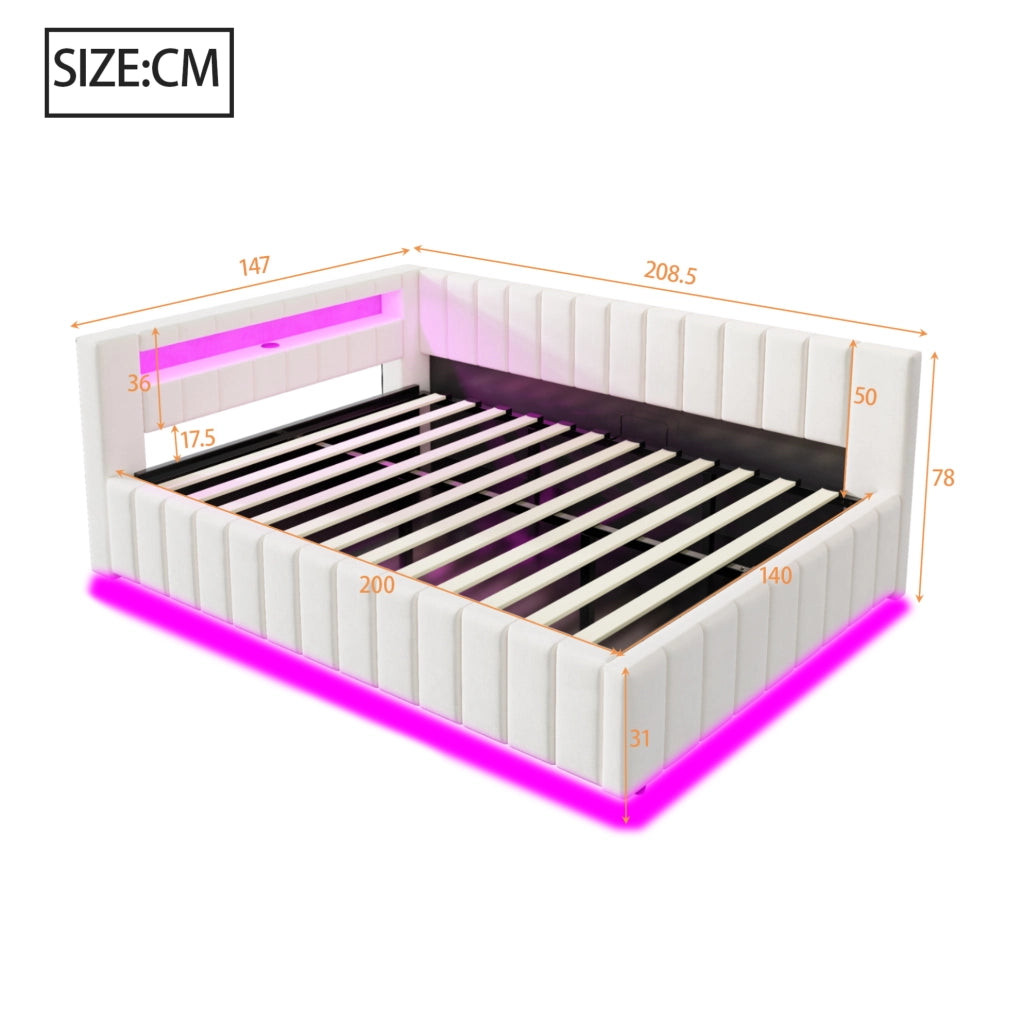 Letto imbottito 140x200 con contenitore idraulico, LED e USB beige