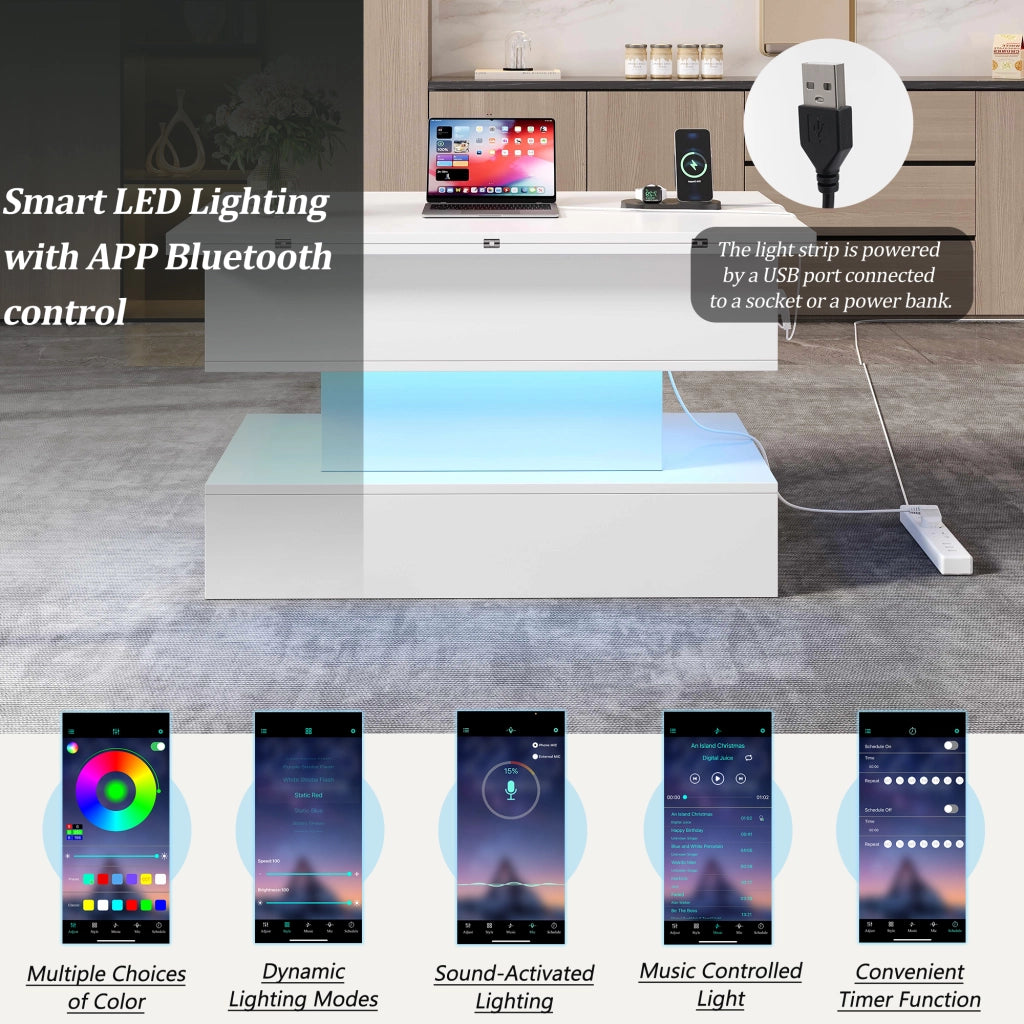 Tavolino da caffè alzabile con LED e vano contenitore - per soggiorno - in truciolare - 100x50x51.5 cm - bianco