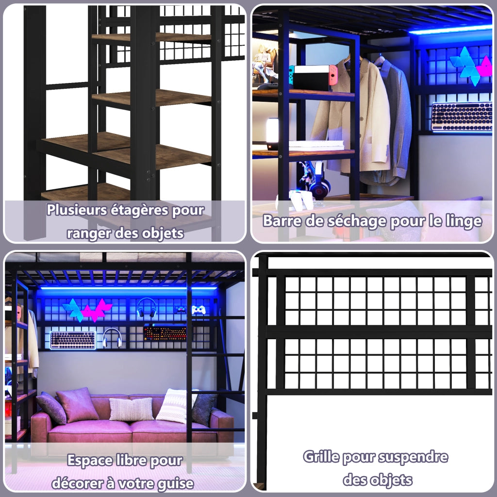 Letto a soppalco 90×200 cm 1 posto con LED regolabile; mensola; rete e appendiabiti; senza materasso; in metallo nero