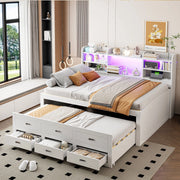 Letto multifunzionale estraibile 140x200 cm con LED, USB+Type-C, 3 cassetti e bianco