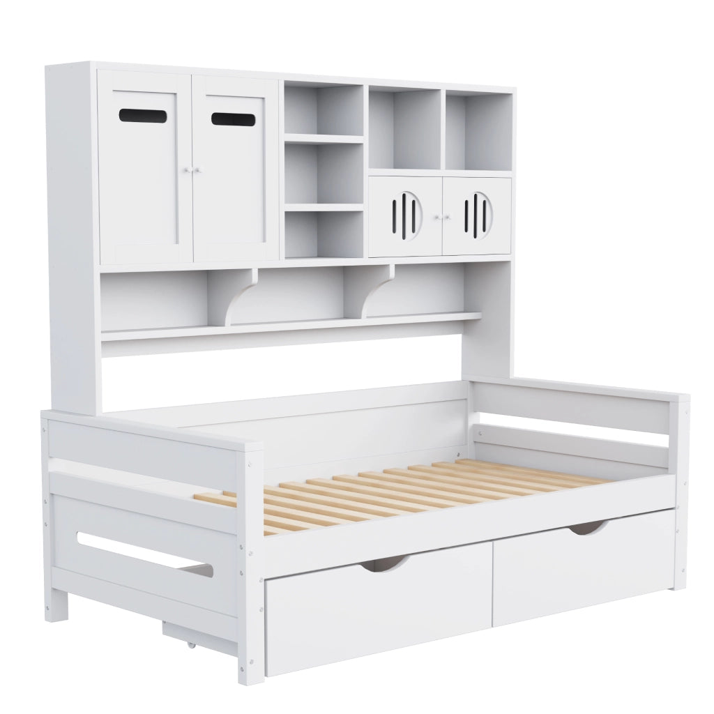 Letto multifunzione 90 x 200 cm in legno con ampio spazio contenitivo, 2 cassetti grandi, struttura bianca, senza materasso