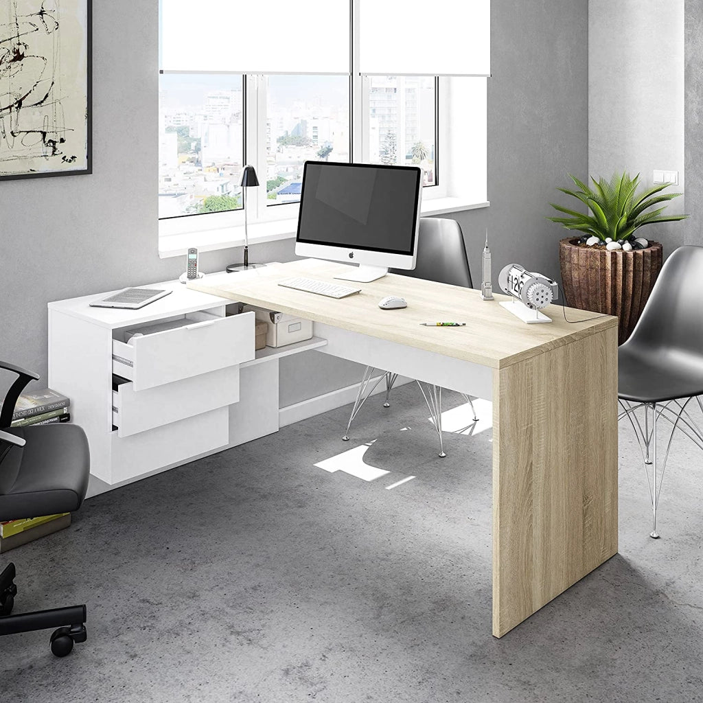 Scrivania ufficio con cassettiera bianco rovere