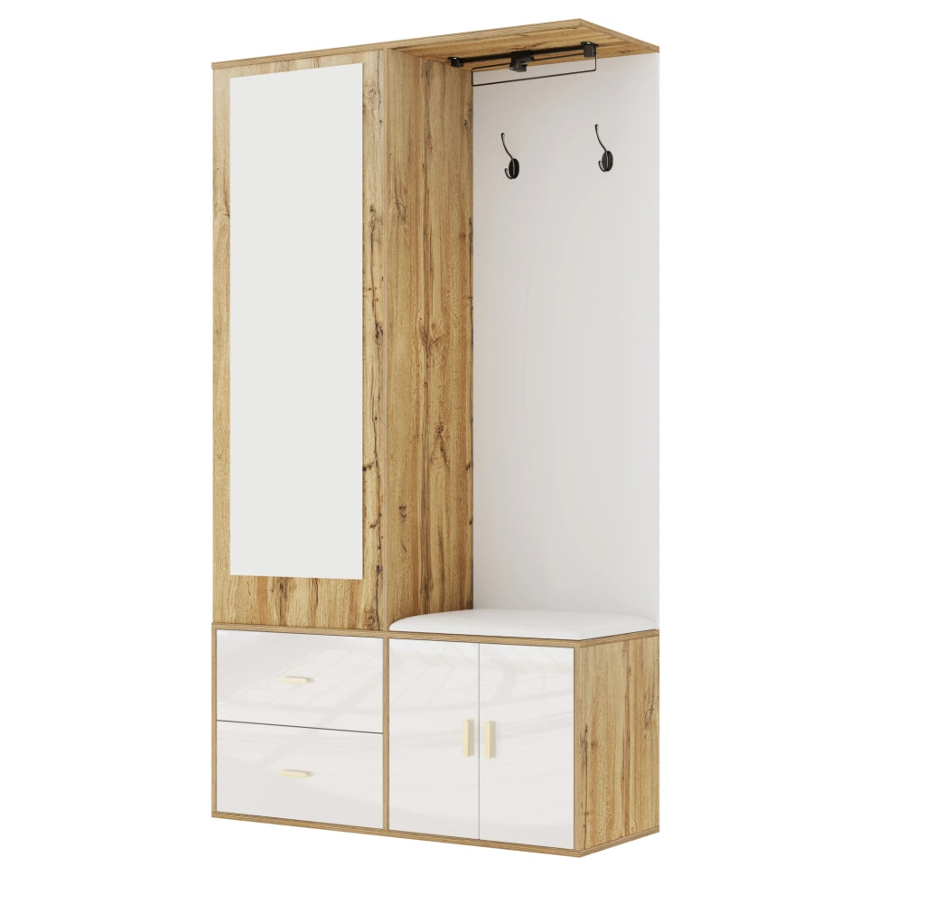 Guardaroba da ingresso 100x38x180 cm con specchio; panca e scarpiera bianco e naturale