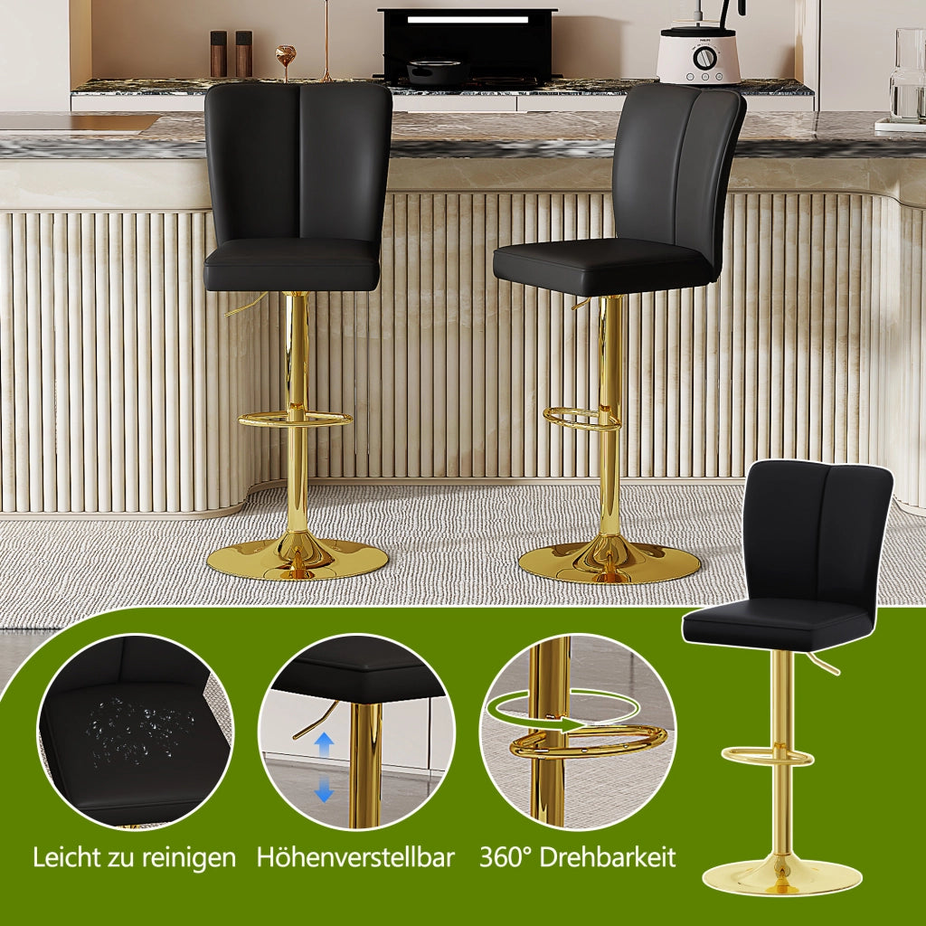 Set di 2 sgabelli da bar girevoli 360 gradi con altezza regolabile e poggiapiedi per isola cucina in PU nero oro