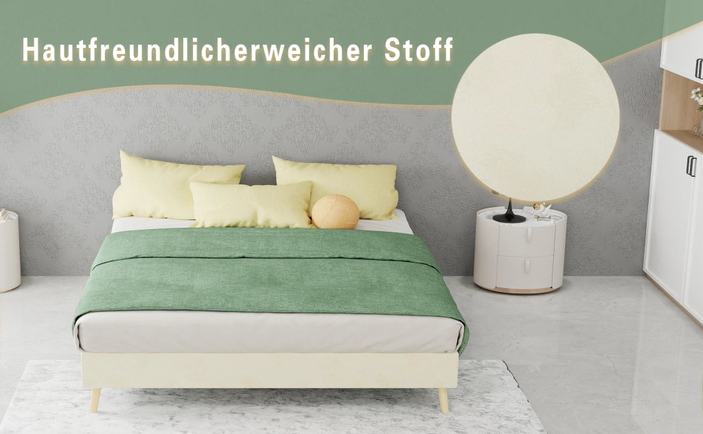DESMIU Letto 140 × 200 cm 2 posti con LED, schienale regolabile e struttura in tessuto, senza materasso, beige