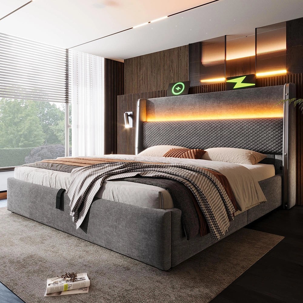 Letto 140x200cm?- Xylo - idraulico LED USB lino grigio