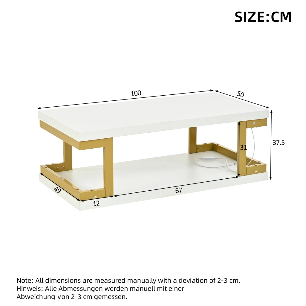 Tavolino da caffè con vano aperto e LED; per soggiorno; in MDF e metallo; 100×50×37.5 cm