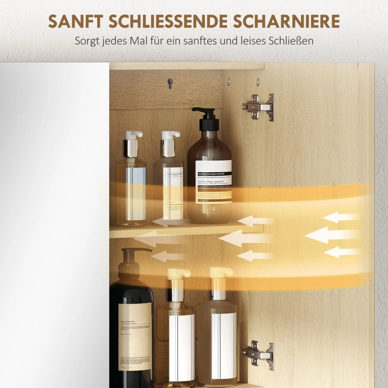 Mobile da bagno, ante a specchio, ripiano aperto, montaggio a parete, MDF, truciolato, rovere