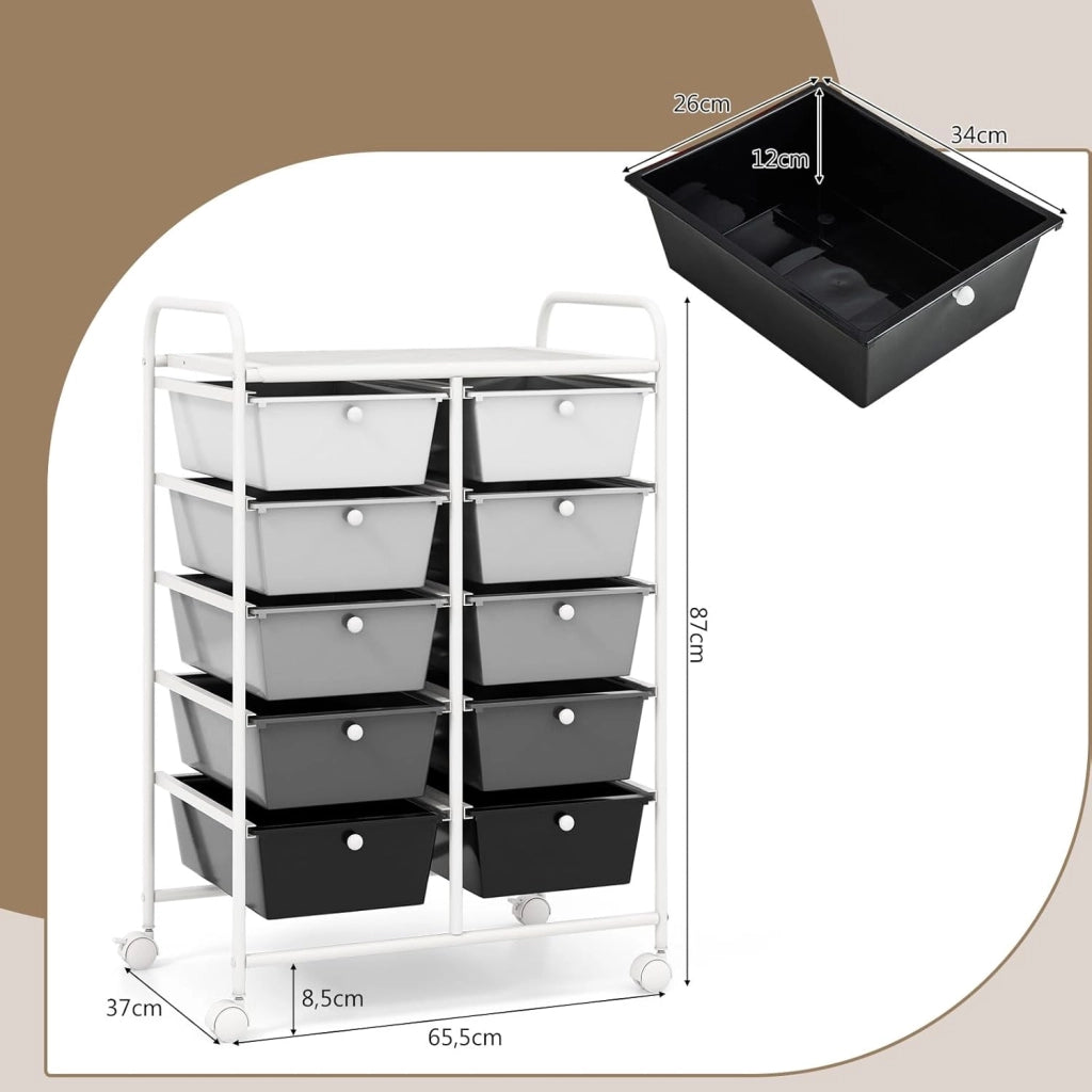 Carrello a 10 Cassetti con Ruote, Carrello di Stoccaggio con Stabilità Elevata, Carrello Multiuso per Casa Ufficio e Scuola, 65,5 x 37 x 87 cm (Sfumatura nera 2)