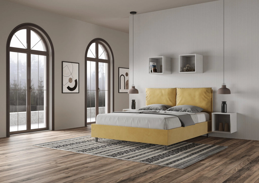 BS COM Letto queen size con rete imbottito 150x200 microfibra ocra