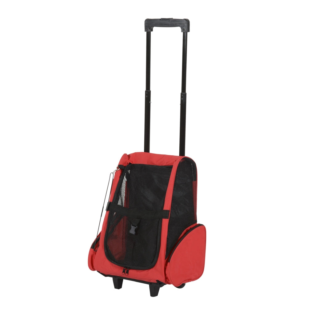 Trasportino Zaino 2 in 1 per Cani e Gatti con Tasche Laterali, Maniglia Telescopica e Ruote, 42x25x55cm, Rosso