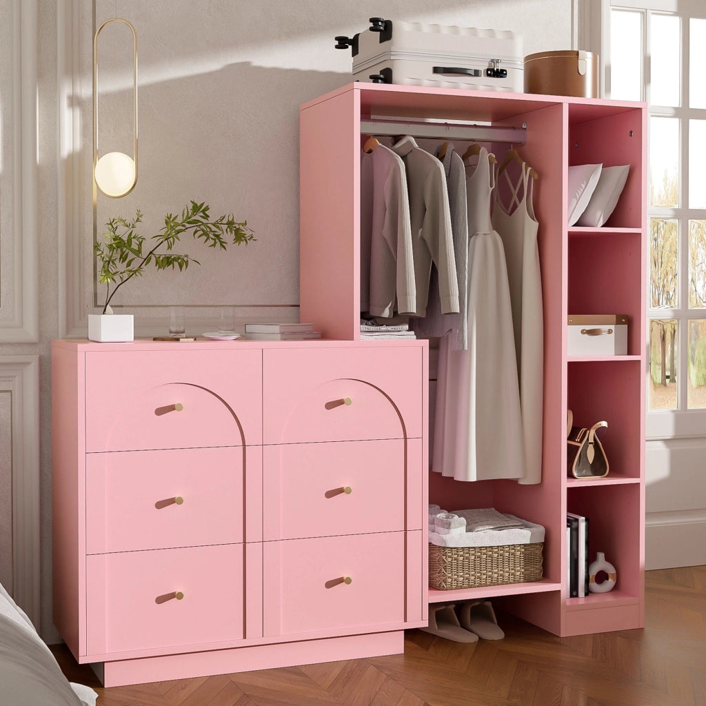 Armadio, mobile da ingresso, 6 cassetti, ripiani, 139 x 35 x 133 cm, rosa