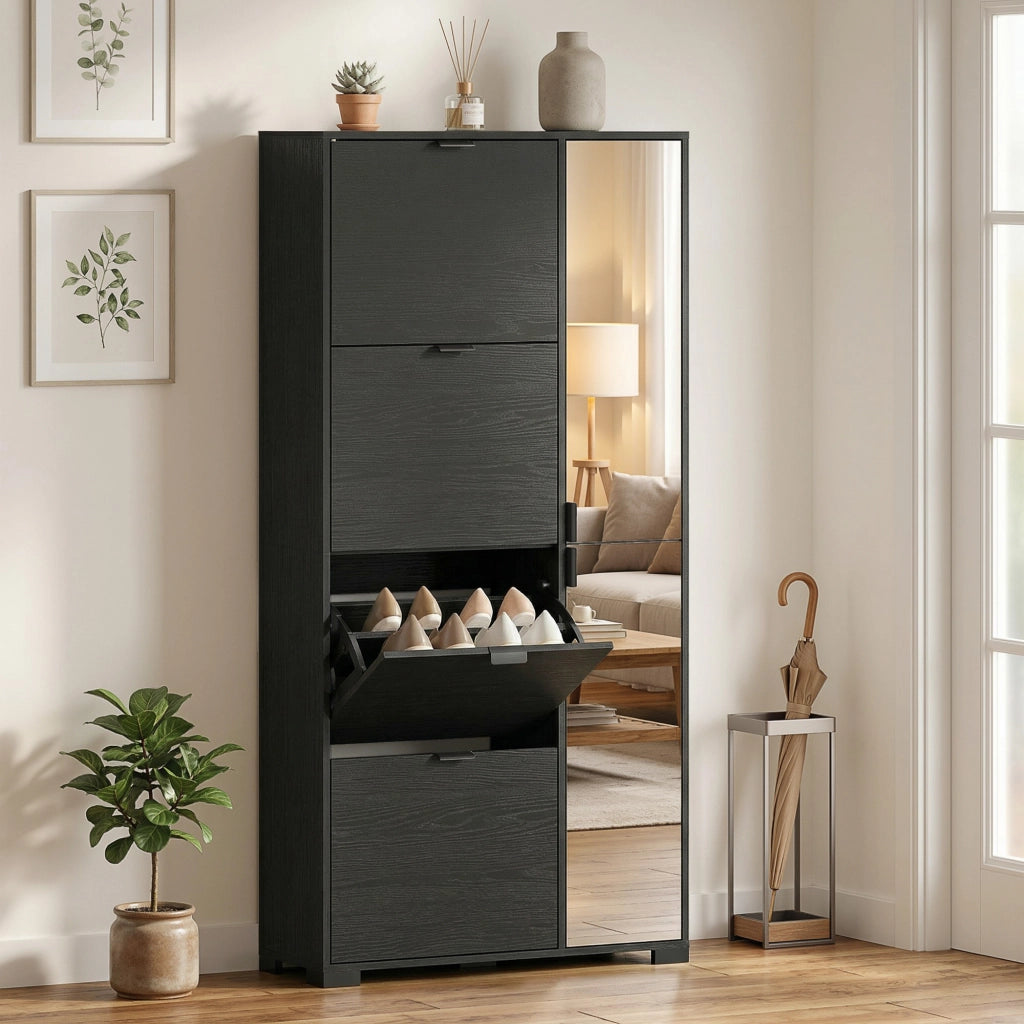 Scarpiera con Specchio e Cassetti ¨C Minimal ¨C Nero 16 Paia
