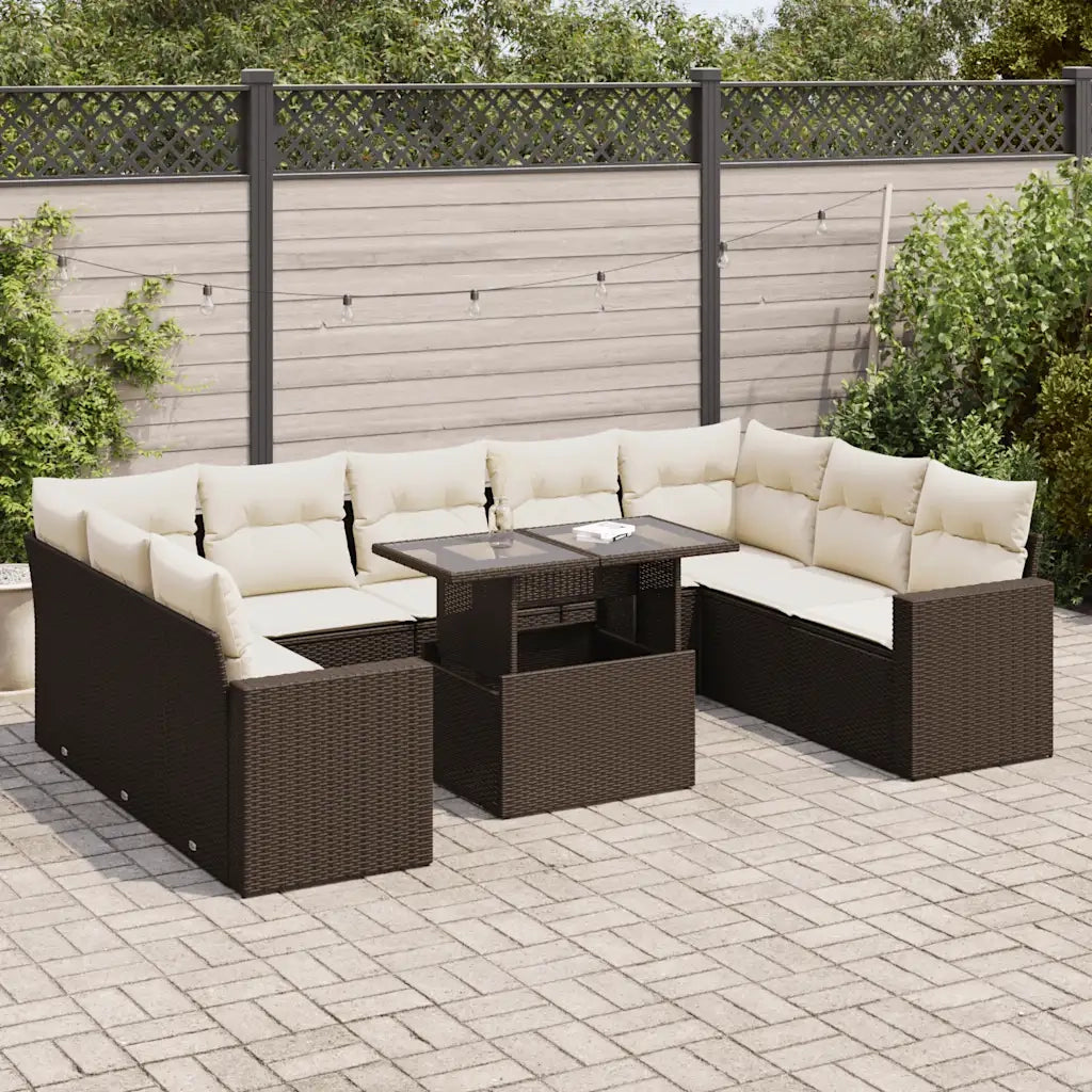 Set Divani da Giardino 10pz con Cuscini in Polyrattan Marrone 3326384