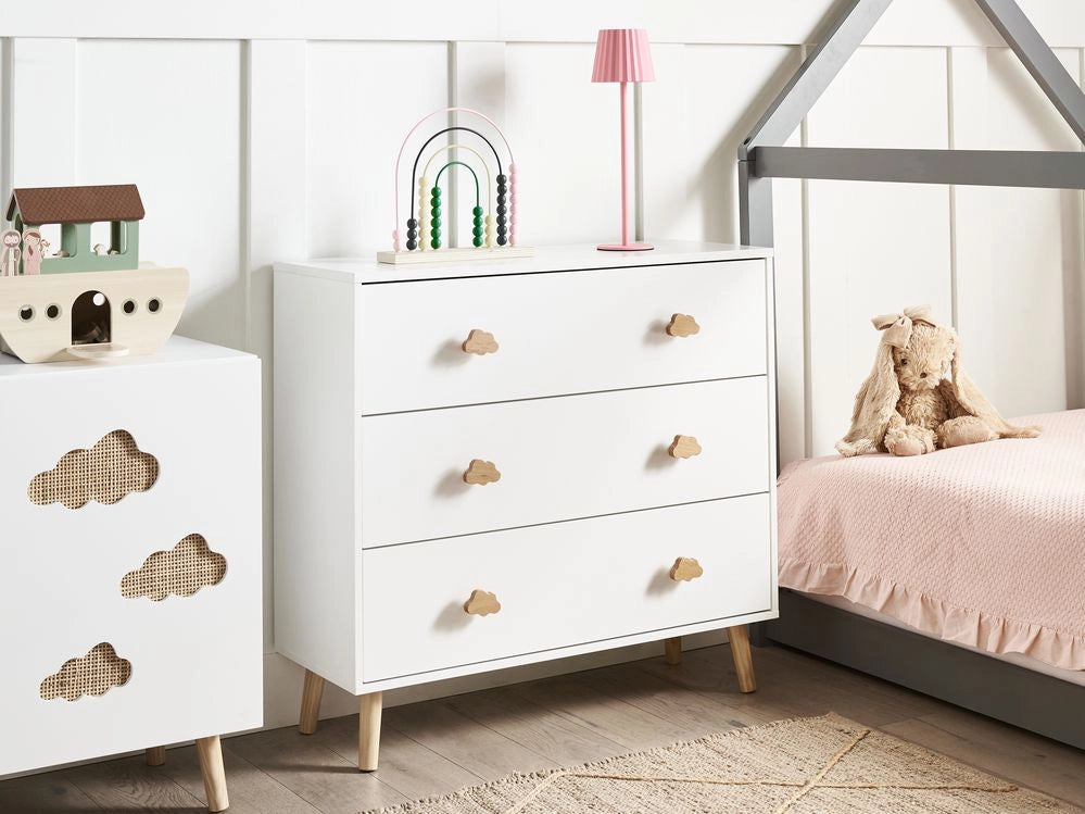 Cassettiera a 3 cassetti in MDF bianco Gambe in legno di pino Maniglie a forma di nuvola Camera dei bambini