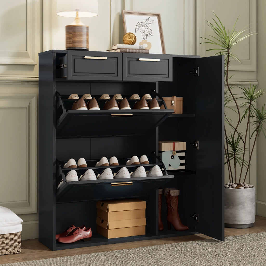 Scarpiera Moderna con Cassetti, Ante e Ripiani ¨C MINIMAL ¨C Nero, 95x24x107