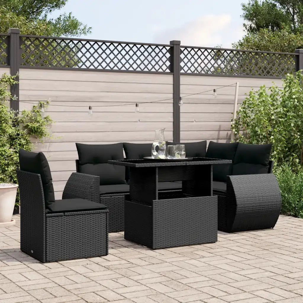 Set Divano da Giardino 6 pz con Cuscini Nero in Polyrattan 3268535